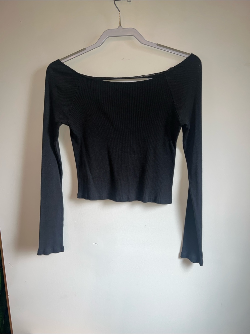 Brandy Melville John Galt Black Ribbed Long-Sleeve Boatneck Crop Top